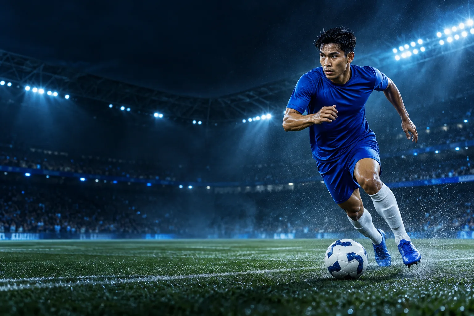 Footballer in a blue kit on a floodlit pitch